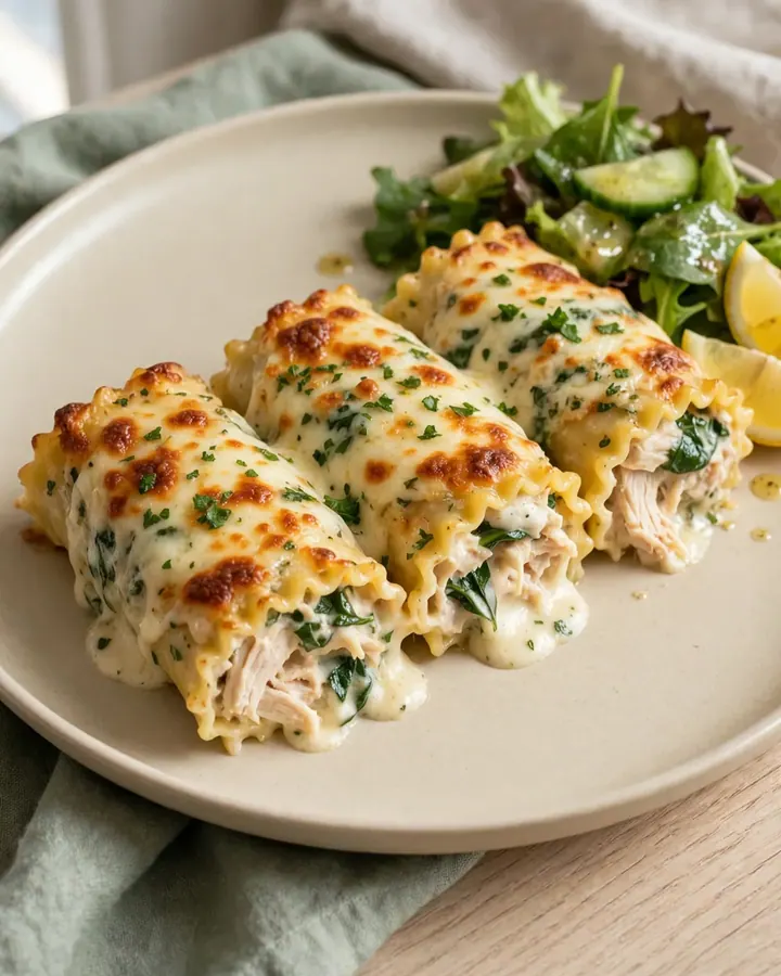 Roulés de lasagnes au poulet alfredo dorés et gratinés dans un plat en verre sur une planche en bois.