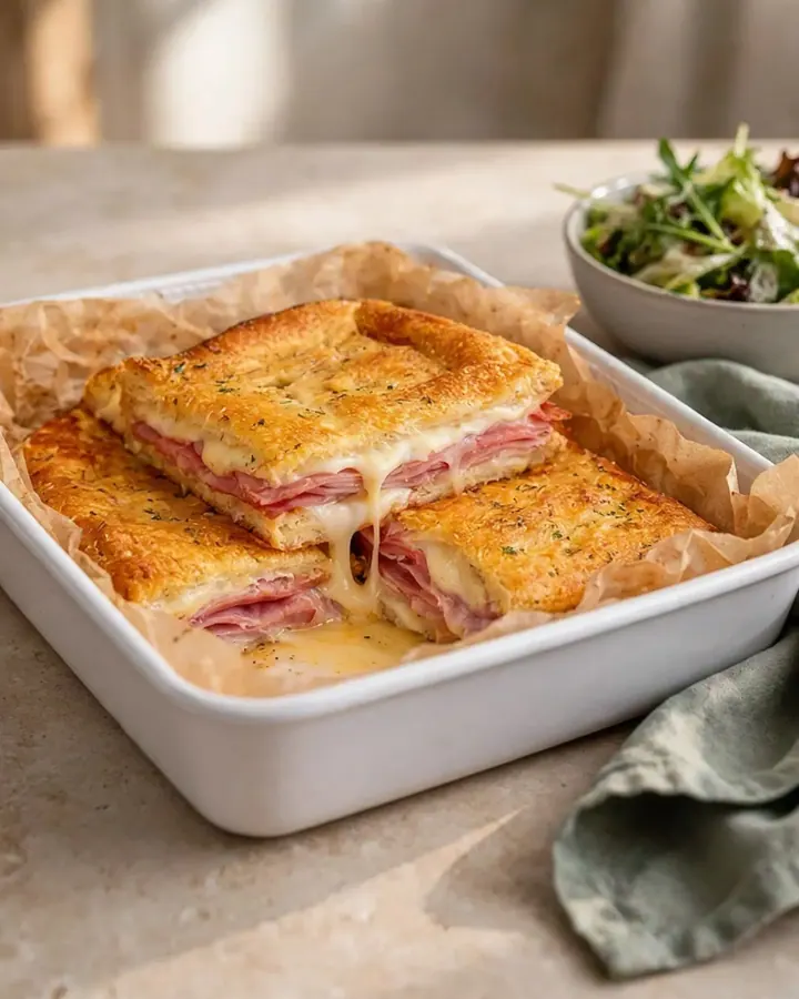 Sandwichs chauds au jambon et fromage dans un plat avec du fromage fondant qui s’étire