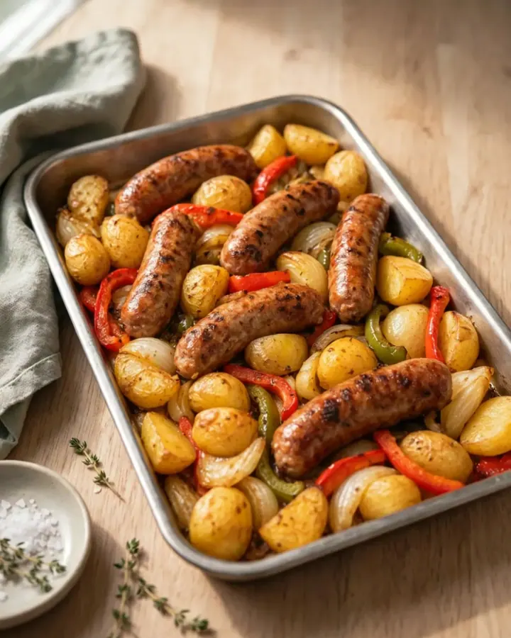 Saucisses dorées et pommes de terre rôties avec des poivrons colorés sur une plaque de cuisson.