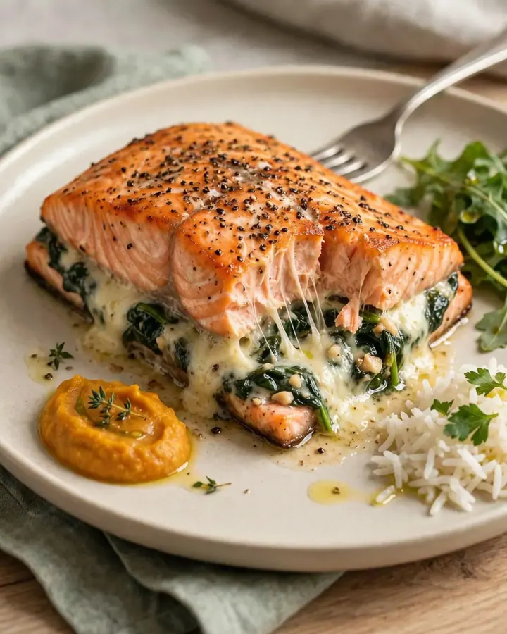 Filets de saumon farcis aux épinards et fromage sur un plat blanc, avec une fourchette insérée.