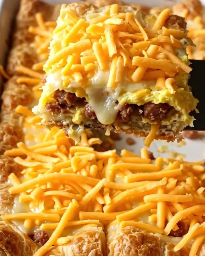 A golden-brown sausage, egg, and cheese breakfast bake in a rectangular ceramic dish.