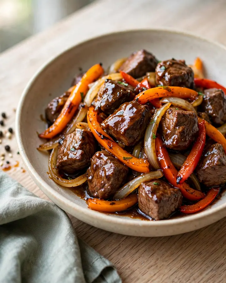 Sauté de bœuf aux poivrons colorés dans un wok, nappé d’une sauce soja brillante et onctueuse.