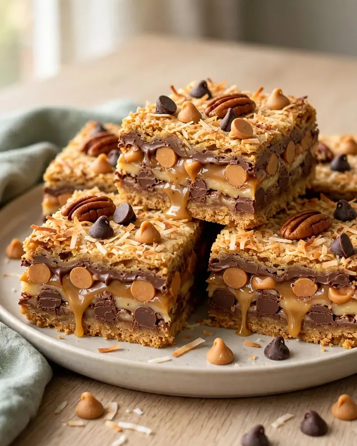 A top-down view of seven layer magic cookie bars in a white ceramic baking dish on a quartz countertop.
