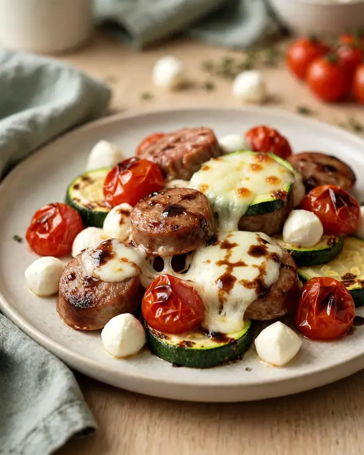 A rustic sheet pan filled with golden-brown Italian sausage, roasted zucchini, and blistered cherry tomatoes