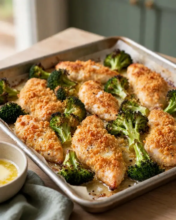 A sheet pan filled with golden-brown cracker-crusted chicken tenders and roasted green broccoli florets.