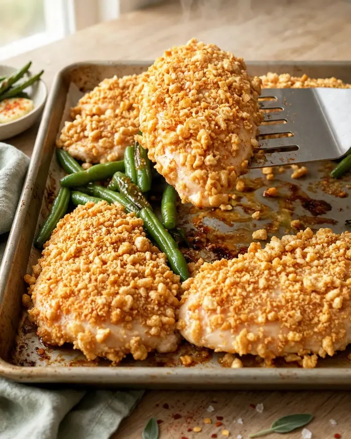 A golden, crispy cereal-crusted chicken breast served with blistered green beans on a parchment-lined sheet pan.