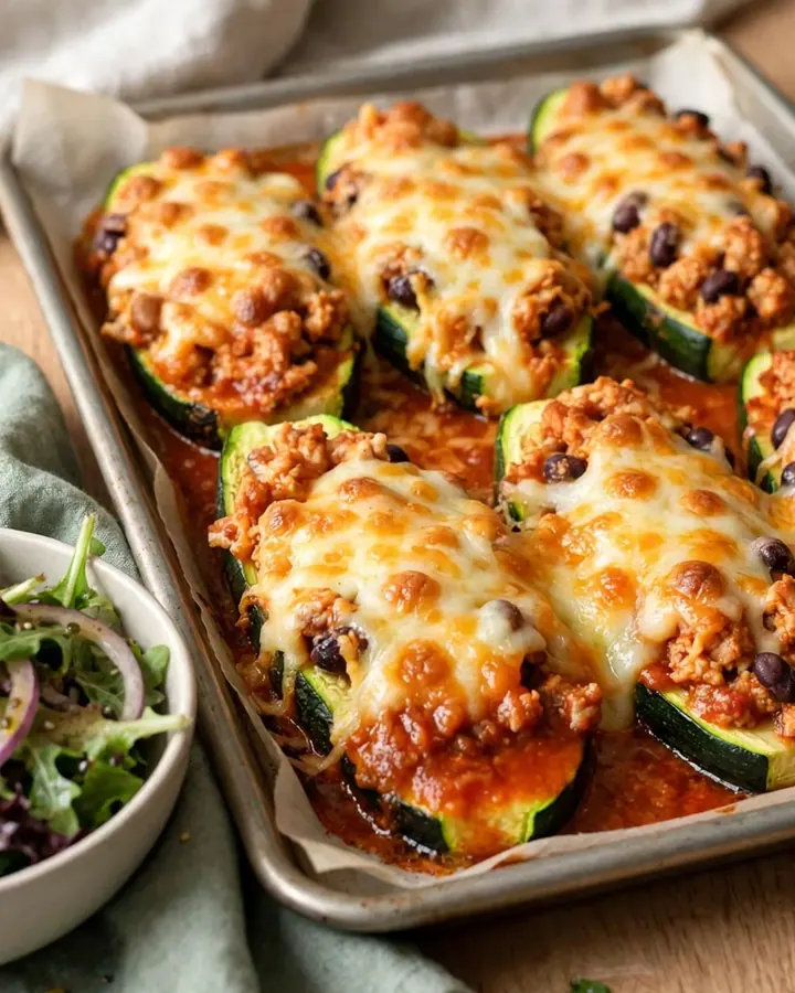 A row of freshly baked enchilada zucchini boats topped with melted cheese and fresh cilantro on a parchment-lined sheet pan.