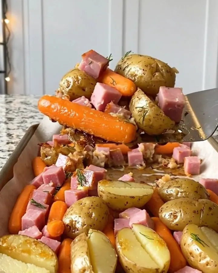 A sheet pan filled with golden roasted potatoes, orange carrots, and savory ham cubes, garnished with fresh dill.