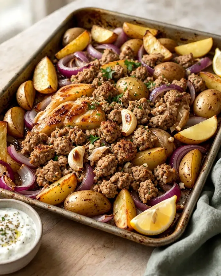 A sheet pan filled with golden roasted potato wedges, tender red onions, and a sliced turkey slab, topped with crumbled feta.