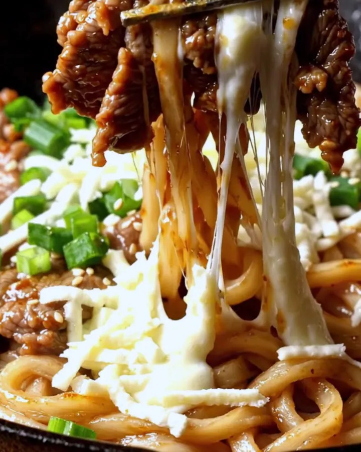 A close-up of sizzling beef bulgogi and thick udon noodles topped with melted mozzarella cheese in a hot iron wok.