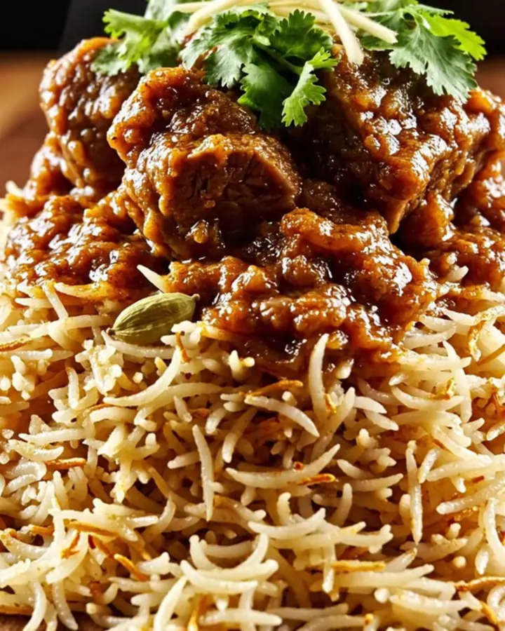 A close-up of a ruby ceramic slow cooker filled with tender Kashmiri Lamb Rogan Josh featuring a rich crimson gravy.