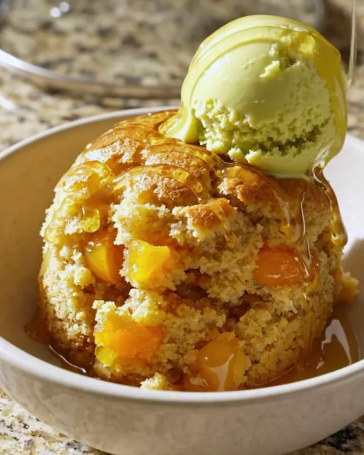 A warm, golden apricot honey almond dump cake served in a shallow bowl with a scoop of pistachio gelato on top.