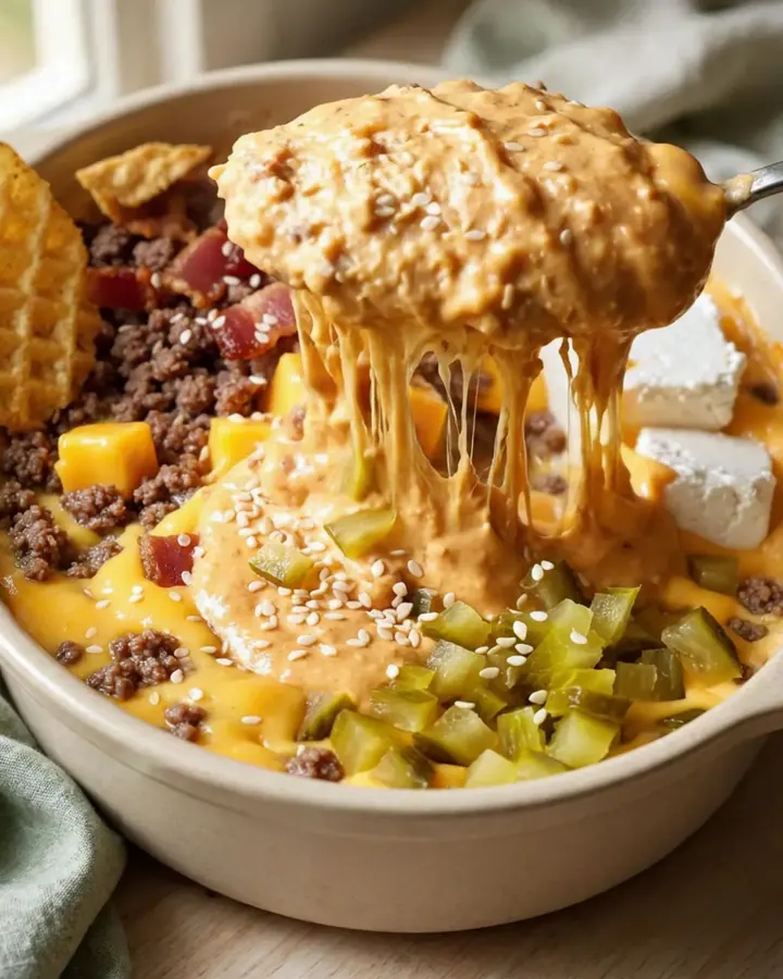 A vibrant red crockpot filled with creamy bacon cheeseburger dip, topped with sesame seeds and pickles.