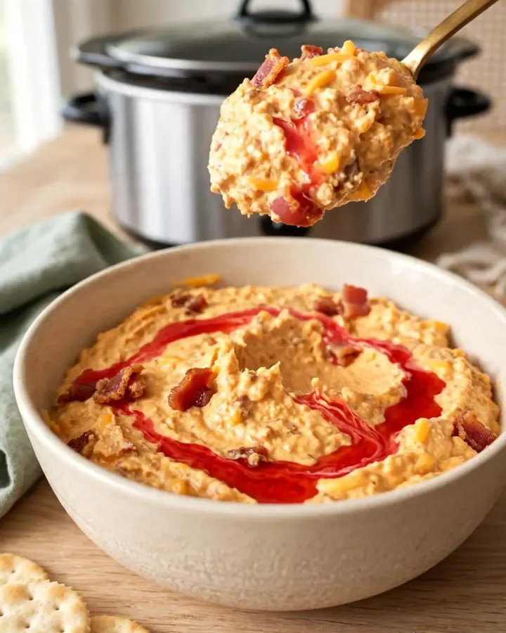 A slow cooker filled with creamy melted cheddar cheese dip topped with bacon crumbles and red pepper jelly swirls.