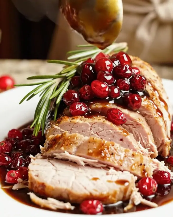 A close-up of sliced pork tenderloin topped with a glossy, ruby-red balsamic cranberry compote on a white platter.