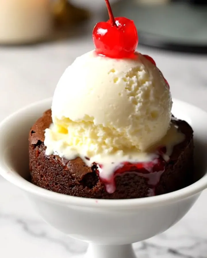A close-up of a dark chocolate cherry dump cake in a black stoneware slow cooker with a spoon lifting a portion.