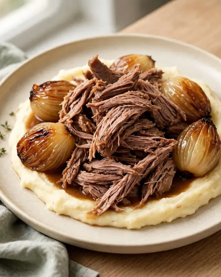 A close-up of tender, shredded braised lamb served with whole glossy shallots on a white plate.