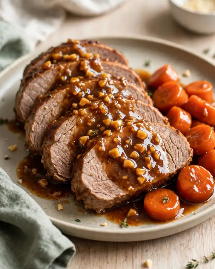 A slow cooker pork loin roast with carrots, glazed in a brown sugar garlic sauce.
