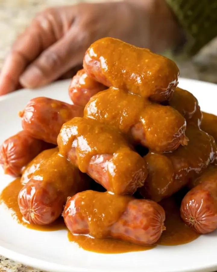 A slow cooker filled with buffalo mini smoked sausages glistening in a buttery orange sauce.