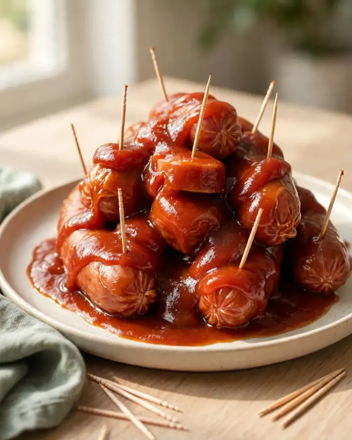 A close-up of thick, glazed kielbasa coins in a slow cooker, covered in a sticky brown sugar and ketchup sauce.