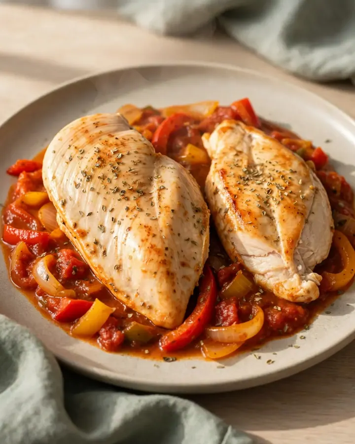 A top-down view of raw chicken breasts, crushed tomatoes, bell peppers, and onions in a slow cooker insert.
