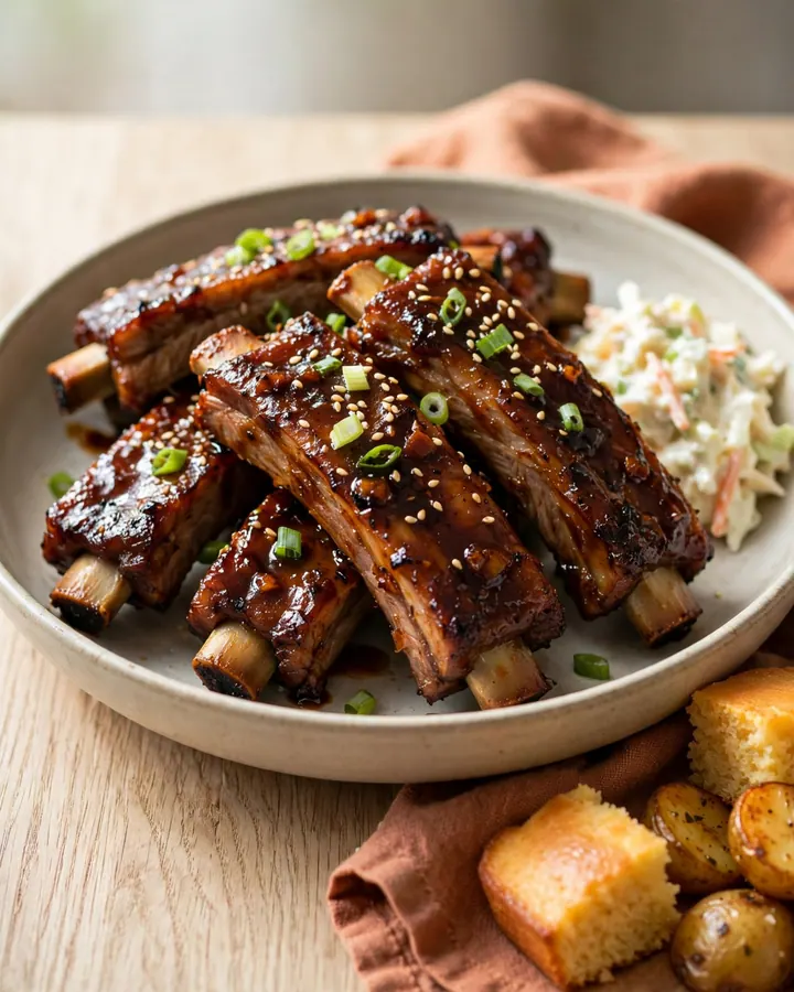 A close-up of glossy, dark caramelized cola ribs inside a slow cooker with steam rising.