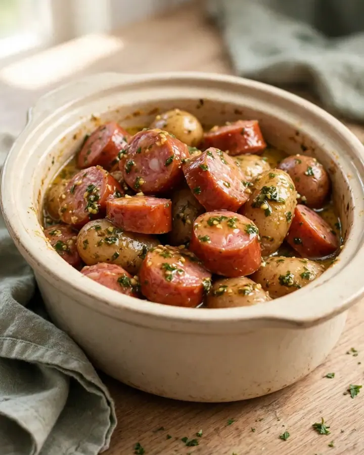 A top-down view of sliced smoked sausage and halved baby red potatoes in a black slow cooker.