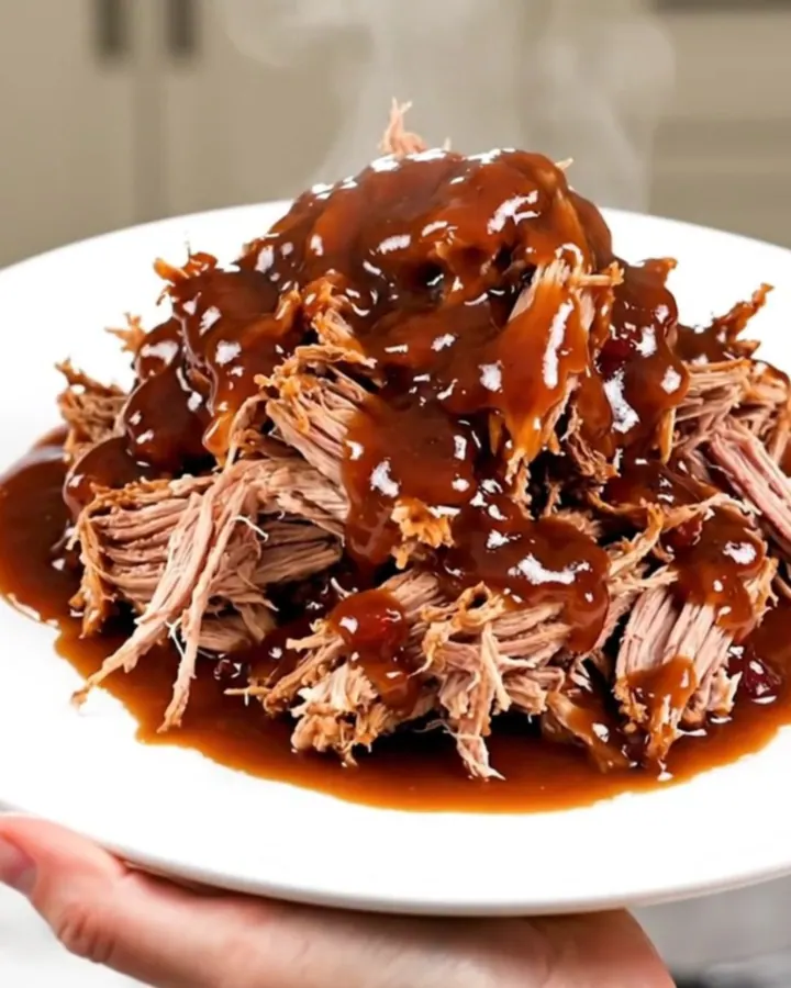 Tender pulled pork piled high on a white plate, showing a rich cranberry barbecue glaze.
