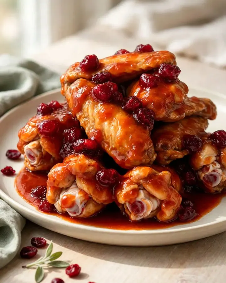 A close-up of slow cooker chicken wings coated in a thick, glossy, red cranberry chili sauce on a white plate.