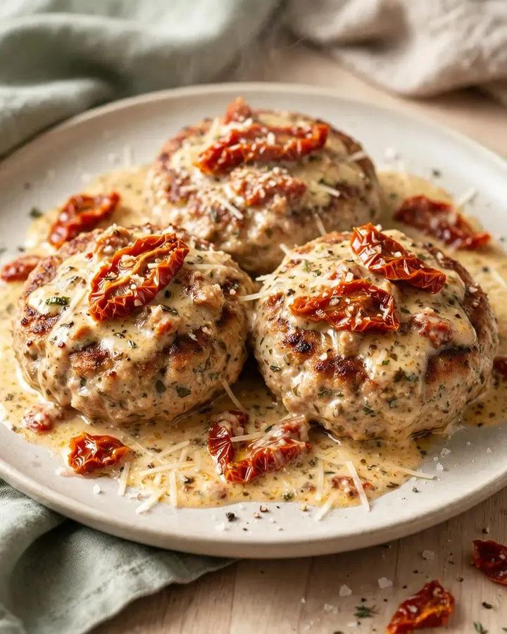 Close-up of slow-cooked turkey burger steaks covered in a creamy parmesan sauce with sun-dried tomatoes.