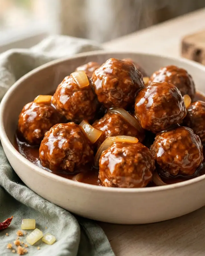 A top-down view of frozen beef meatballs being added to a black slow cooker on a granite countertop.