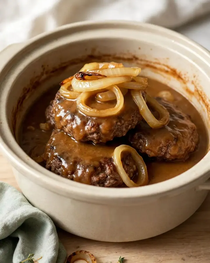A close-up of tender hamburger steaks covered in caramelized onions and rich brown gravy in a slow cooker.