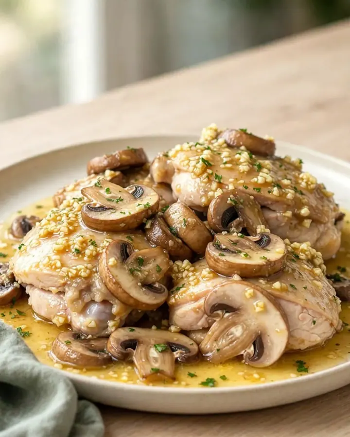A plate of slow-cooked chicken thighs topped with sautéed mushrooms in a rich garlic butter sauce.