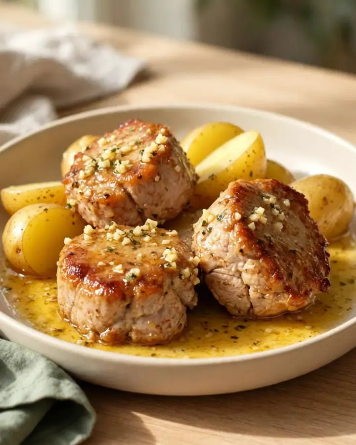 A close-up of tender pork bites and golden potatoes coated in a glistening garlic butter sauce on a white plate.