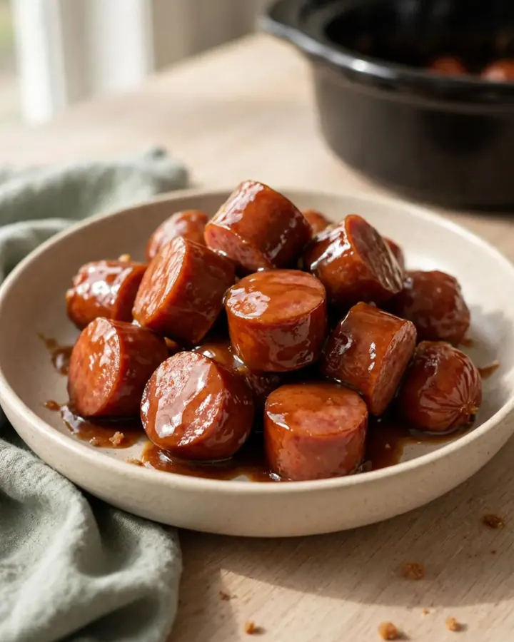 A close-up of thick, glazed kielbasa chunks in a slow cooker, glistening with a dark