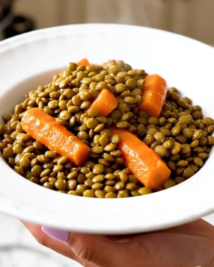 A close-up of a bowl filled with slow-cooked green lentils, carrots, and onions in a savory, glossy mustard broth.