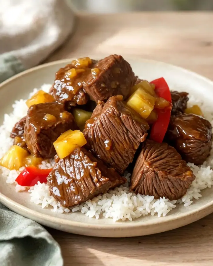 A close-up of tender Hawaiian chuck roast chunks with pineapple and peppers in a savory sauce.