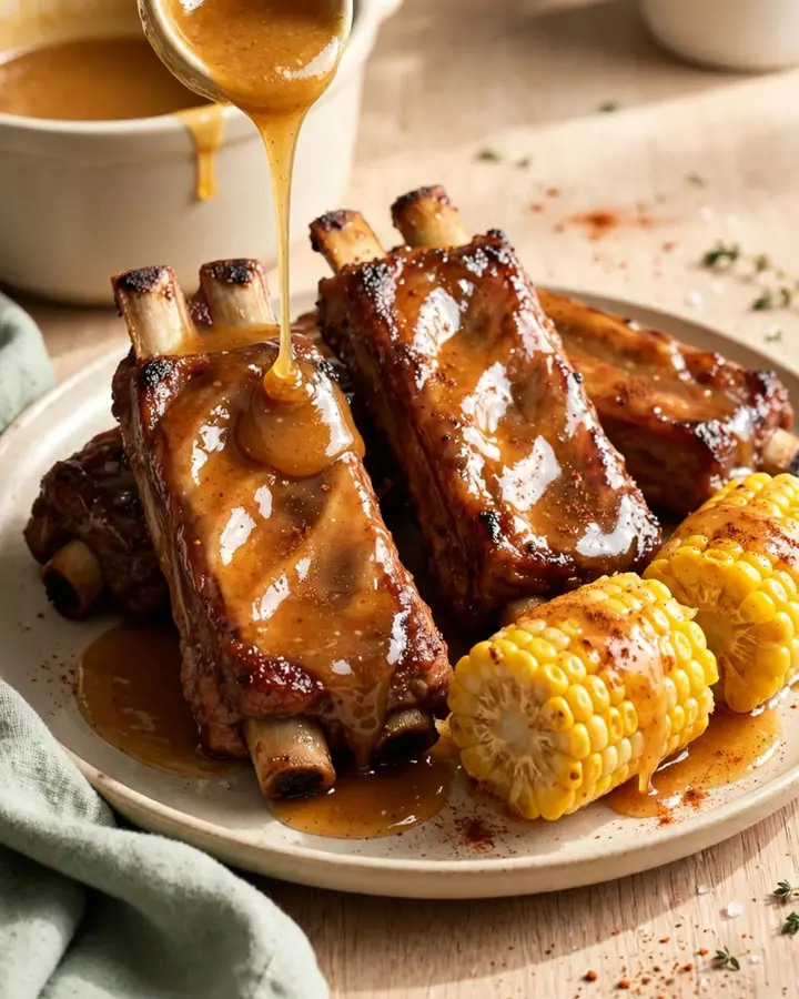 A top-down view of raw sparerib sections arranged in a ring inside a white slow cooker, with corn cobs in the center.