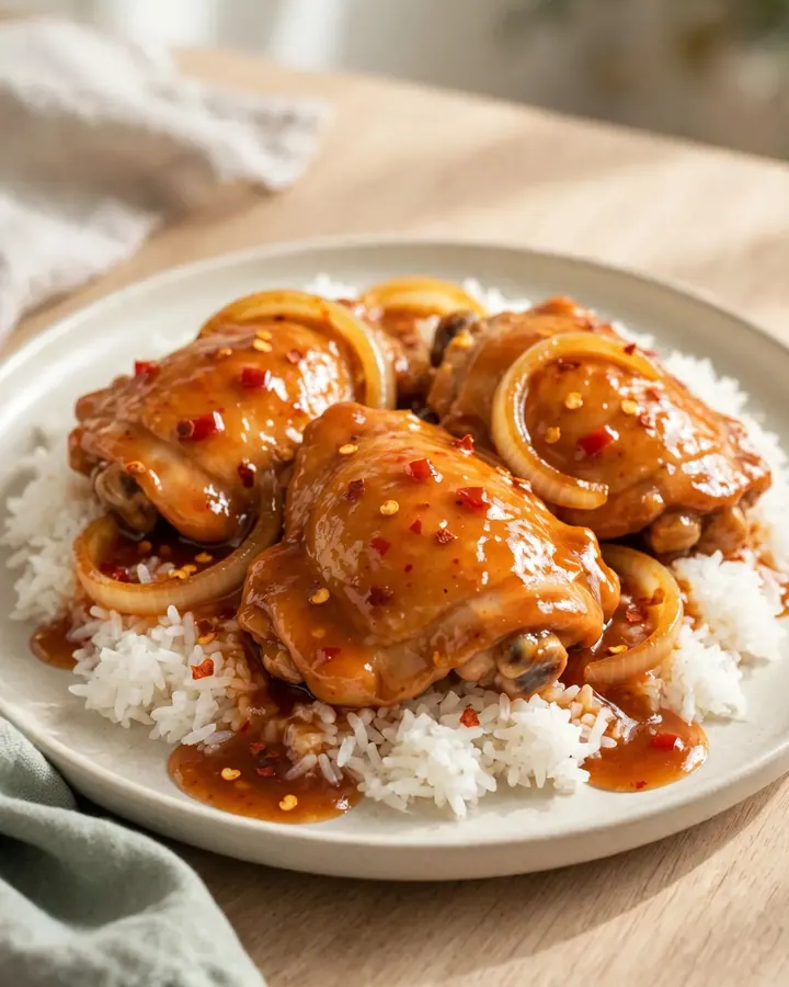A close-up of tender, braised chicken thighs coated in a rich, dark red honey chipotle sauce with visible onion slices.