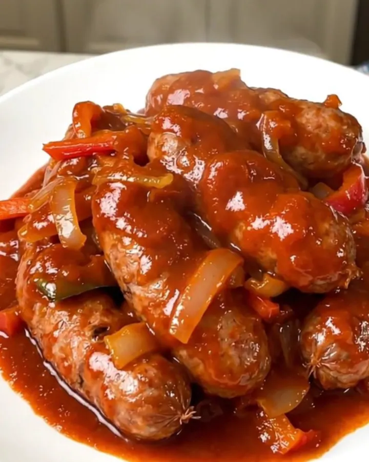 Finished slow cooker Italian sausage and pepper filling served on a white plate.