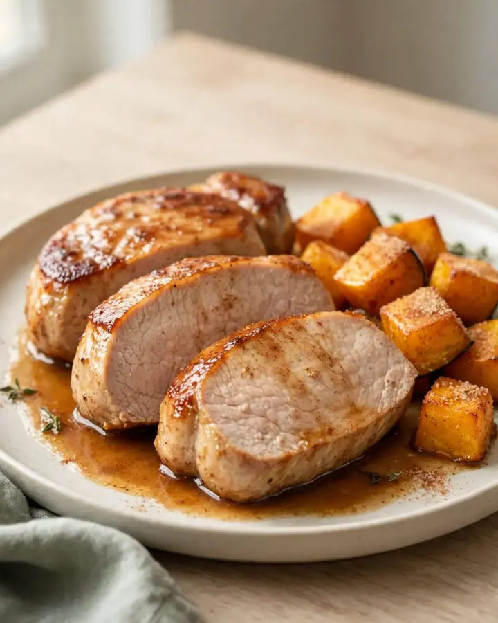 A plate of tender cooked pork loin and soft acorn squash wedges with a light maple glaze.