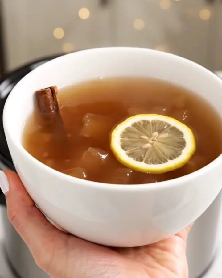A steaming, glossy apple cider served in a plain white ceramic bowl against a blurred kitchen background.