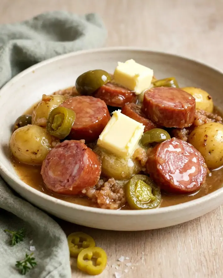 A top-down view of a slow cooker filled with golden potatoes and sliced smoked sausage.