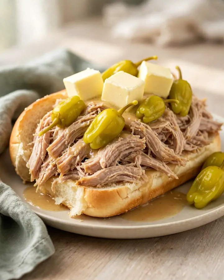 A close-up of a slow cooker filled with a cooked turkey breast, pepperoncini, and rich gravy.