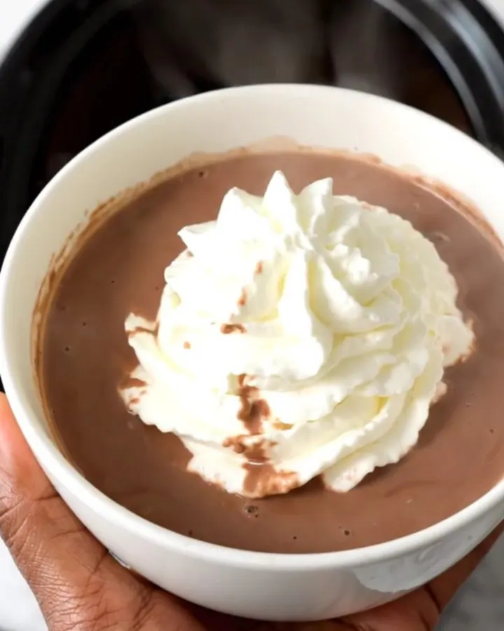 A steaming mug of rich dark hot chocolate topped with a swirl of whipped cream.