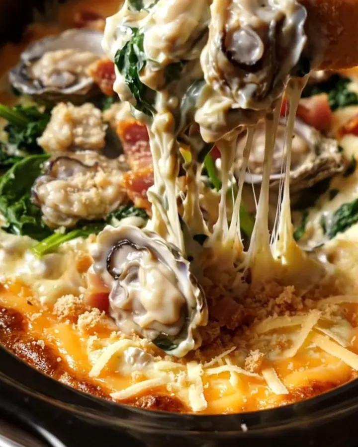 A creamy, bubbling Oysters Rockefeller dip in a black ceramic slow cooker, topped with crispy breadcrumbs.