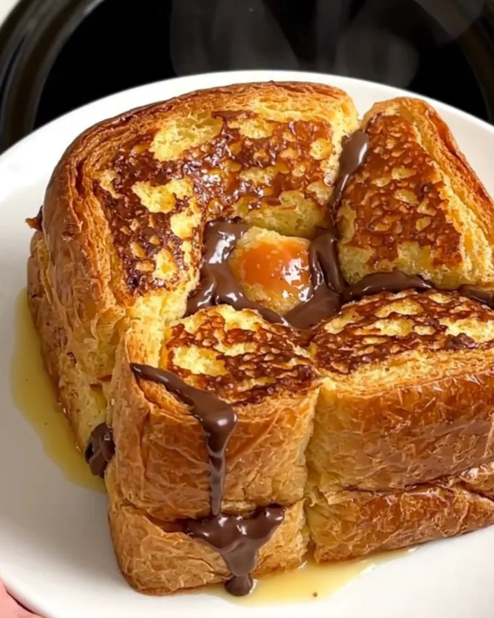 A close-up of the slow cooker filled with golden-brown brioche French toast topped with pears and chocolate.