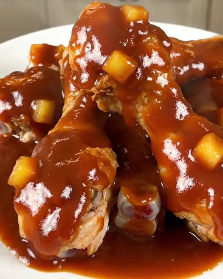 Slow cooker filled with cooked chicken drumsticks coated in a rich, glossy pineapple barbecue sauce.