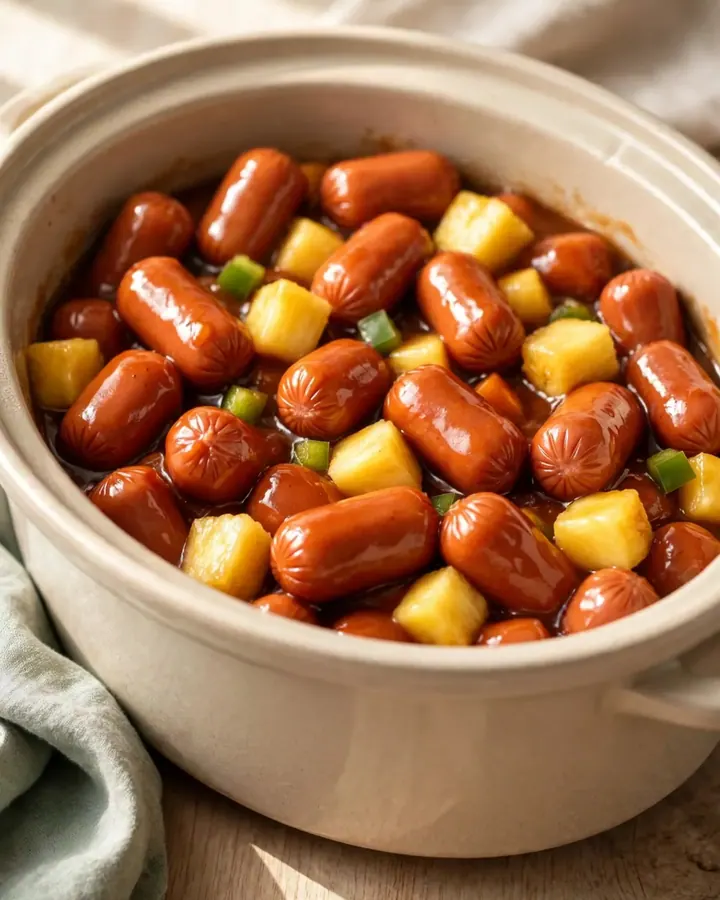 A close-up view of slow cooker pineapple sweet and sour hot dog bites with visible pineapple and pepper chunks.