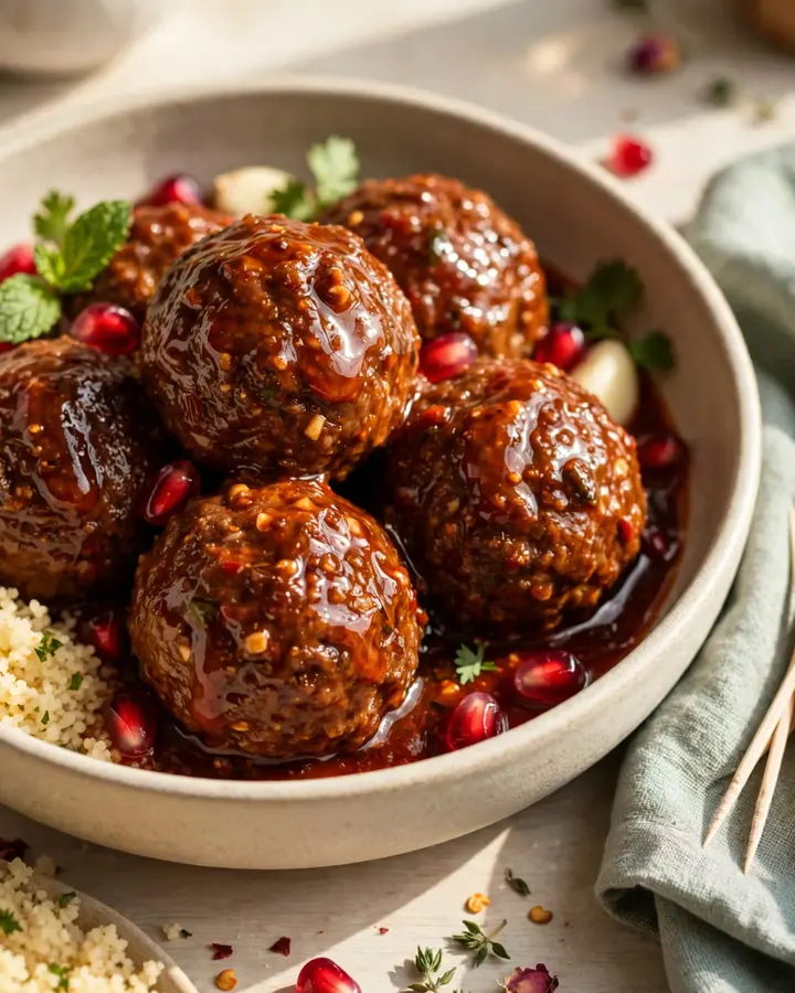 A close-up of pomegranate and harissa glazed lamb meatballs in a terracotta crockpot, garnished with fresh mint and arils.